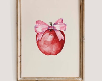 Druckbares Geschenk zum Geburtstag eines Kokette Apfel Lehrers, rosa Schleife, Geburtstagsgeschenk Druck, Aquarell Malerei, C03