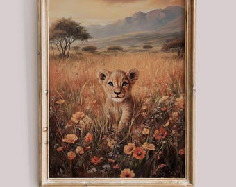 Baby Lion in Savanna Wildflower Field Printable Wall Art Safari Animal Cub Lion Digital Nature Decor Warm Tones African Wildlife Art