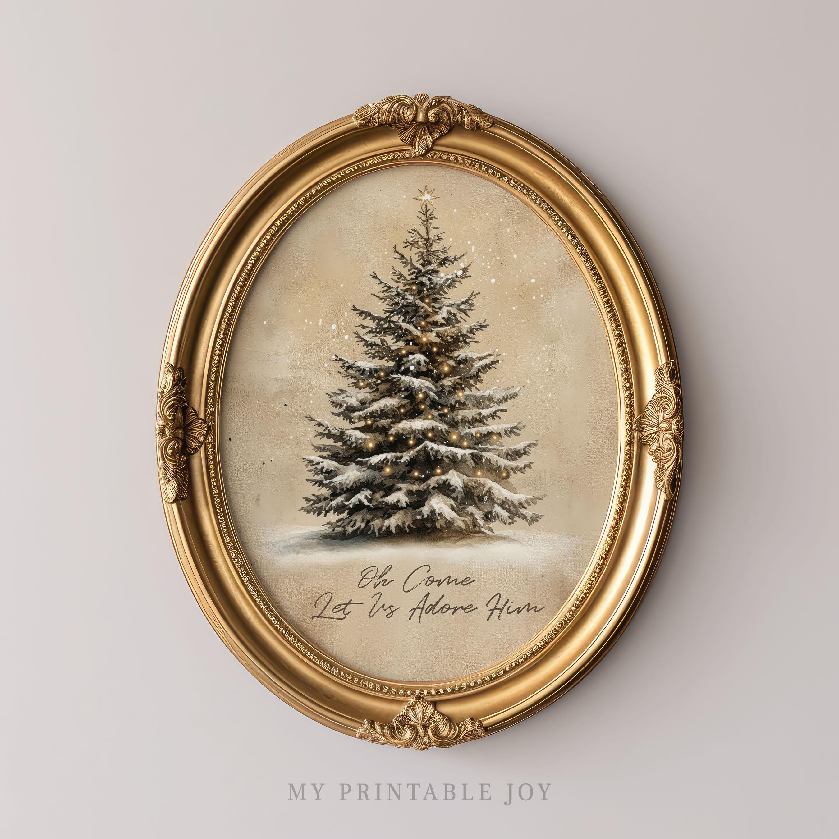 Oh Come Let Us Adore Him Christmas Tree Wall Art Beige Rustic Religious Print Digital Download Holiday Decor Farmhouse Winter Christian Art