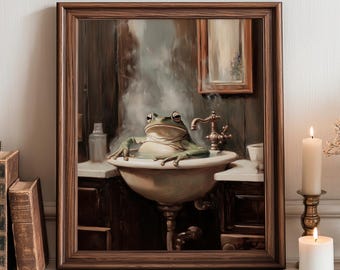 May include: A framed print featuring a frog relaxing in a vintage bathtub. The frog is green and white, with a serene expression. The bathroom setting includes a faucet, mirror, and steam. The text "MY PRINTABLE JOY" is at the top.