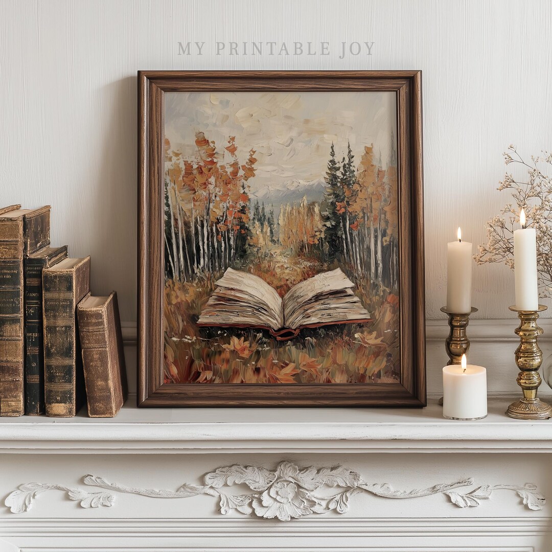 Open Book in Fall Forest Landscape - Vintage Autumn Wall Art ...