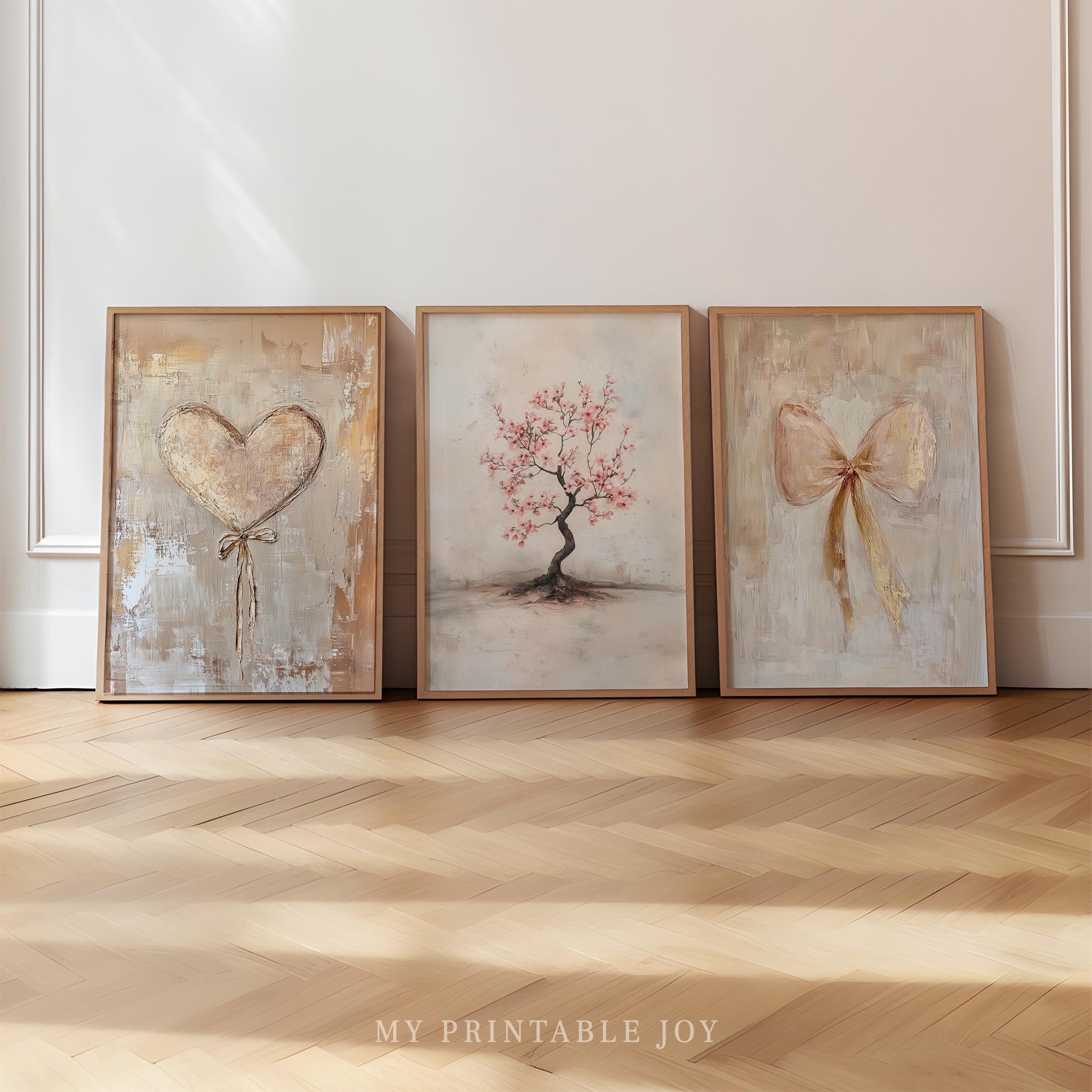 Romantic Valentine Printable Wall Art Set of 6, Beige Gold Heart ...