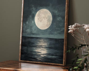 Moody Coastal Night Scene - Printable Vintage Moonlit Sea, Subdued Ocean Art, Serene Nighttime, Antique Wall Decor, Digital Art 874