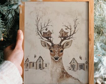 Reindeer with Snowy Village Antlers – Whimsical Winter Wall Art, Vintage Holiday Painting, Cottagecore Seasonal Printable, Cute Decor 386