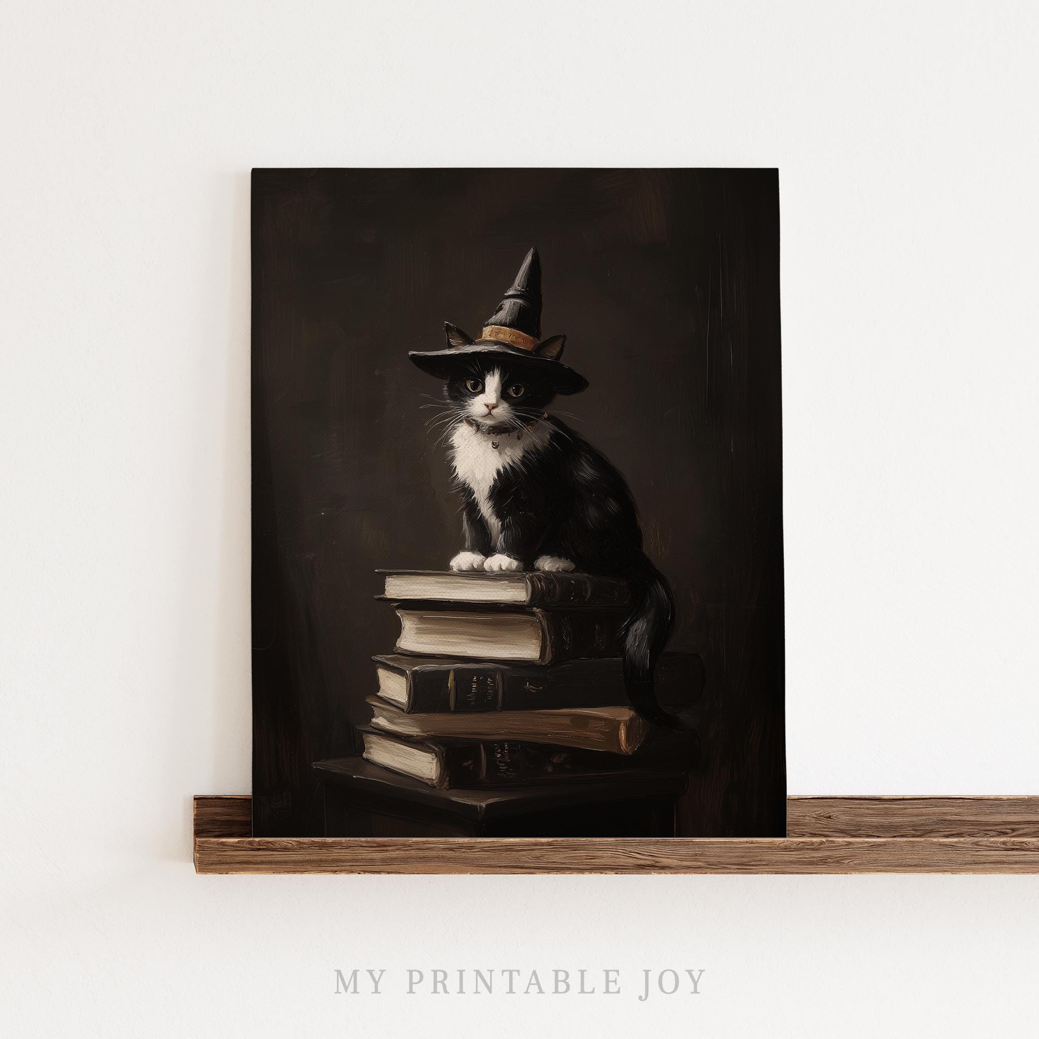 Witch Cat on Books - Dark Academia Halloween Wall Art, Spooky Tuxedo ...
