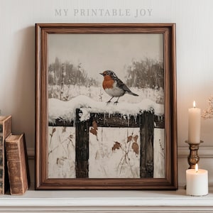 May include: A framed print featuring a winter scene with a robin perched on a snow-covered fence. The artwork has a muted color palette with brown, white, and gray tones. The frame is a dark wood. The text "MY PRINTABLE JOY" is visible at the top.