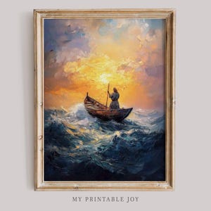 Jesus Calming the Storm Printable Wall Art Sunrise Christian Decor Faith Over Fear Bible Story Poster for Spiritual Spaces