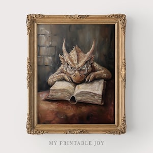Weiser Drache mit Buch und Brille - Stimmungsvolle Fantasy Wand Kunst, Gruselige Kreatur Dekor, Cottagecore Printable 126