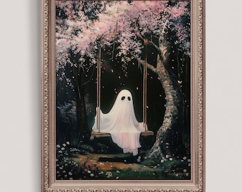 Cute Ghost Swinging | Vintage Painting | Cherry Blossom Tree | Dark Spooky Wall Art | Halloween Printable Decor | Digital Download