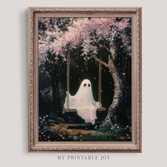 Cute Ghost Swinging | Vintage Painting | Cherry Blossom Tree