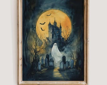 Ghost Halloween Art Print Vintage Full Moon Wall Art Haunted House Spooky Decor Dark Academia Printable Gothic Digital Download