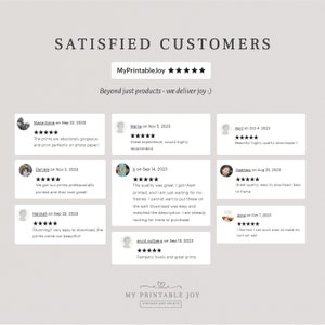 May include: A collage of customer reviews for printable art prints. The reviews are positive and highlight the quality of the prints, ease of download, and overall satisfaction with the product. The reviews are from customers who purchased the prints in 2023.