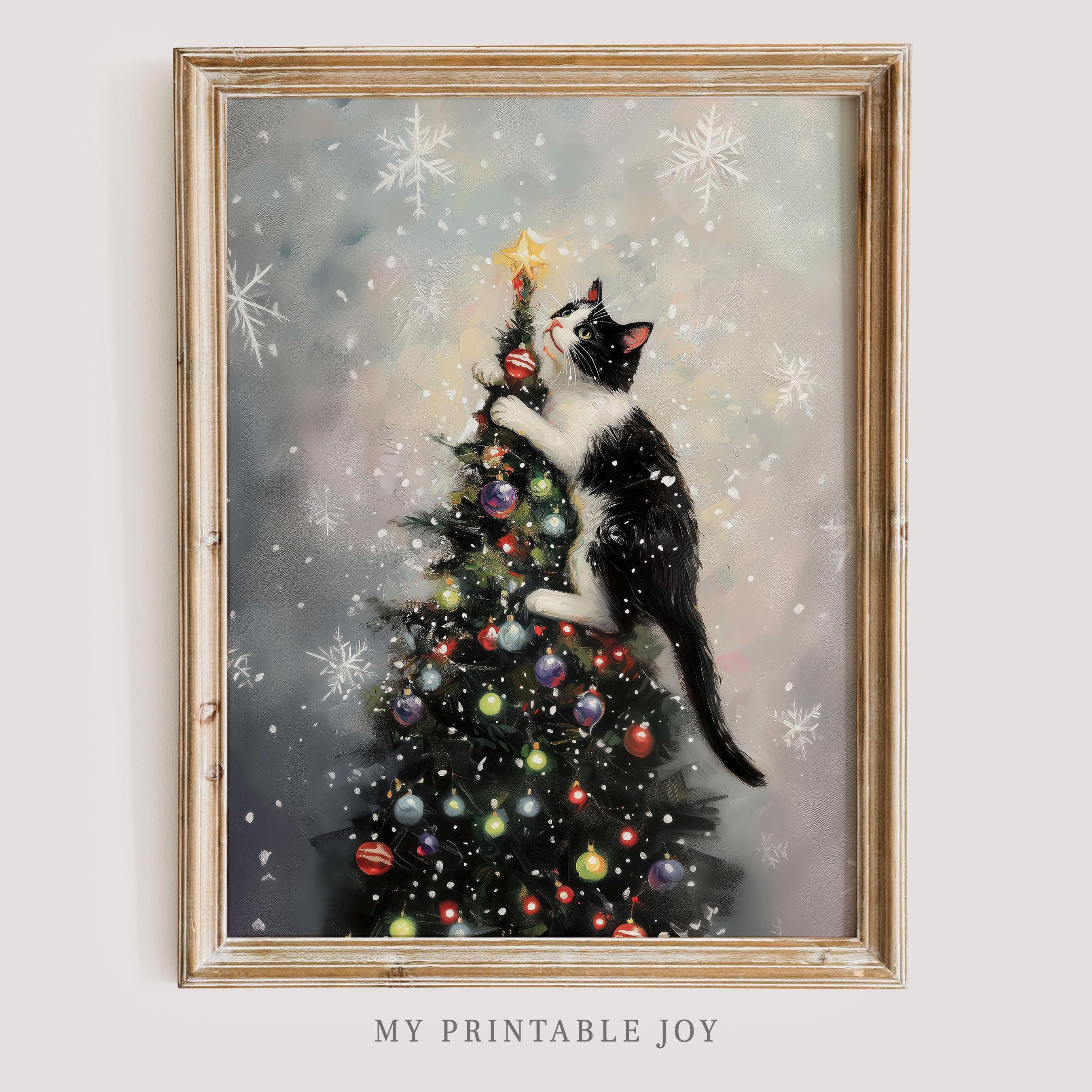 稲垣知雄　木版画　「Cat and Christmas Tree」 Christmas Cat Wall Art Funny Holiday Decor Digital Download Cute