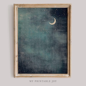 Crescent Moon Night Sky Print Dark Celestial Wall Art Minimalist Moon Phase Decor Boho Astrology Aesthetic Starry Sky Digital Download