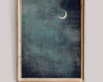 Crescent Moon Night Sky Print Dark Celestial Wall Art Minimalist Moon Phase Decor Boho Astrology Aesthetic Starry Sky Digital Download