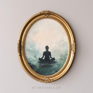 May include: A gold oval frame with a silhouette of a person meditating in a blue and green watercolor background.