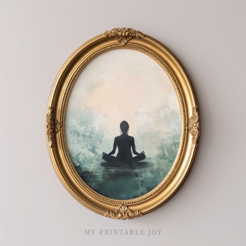 May include: A gold oval frame with a silhouette of a person meditating in a blue and green watercolor background.