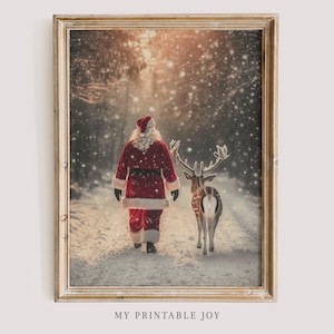 Santa Claus and Reindeer Winter Wonderland Christmas Wall Art Print Digital Download Holiday Decor Snowy Forest Scene Printable