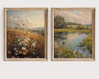 Rustic Landscape Printable Wall Art Set of 2, Country Field and River Scene, Vintage Cottagecore Decor, Farmhouse Style Painting B7
