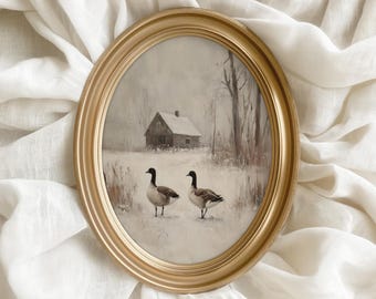 Rustic Two Geese Walking Through Snowy Field Print - Vintage Farmhouse Winter Art, Cozy Decor, Neutral Wall Art, Digital Download 560