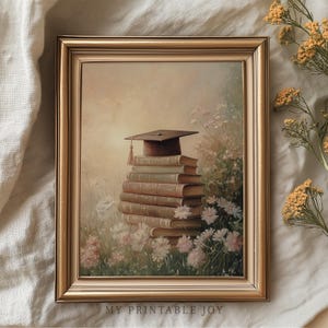 Printable Vintage Book Stack with Graduation Cap - Bookish Cozy Decor, Romantic Botanical Scene, Warm Sunlit Digital Art 861