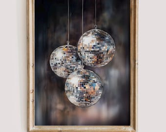 Disco Ball Trio Wall Art Retro Party Decor Dark Digital Print for Celebrations New Year Birthday Living Room or Office Glamorous Style