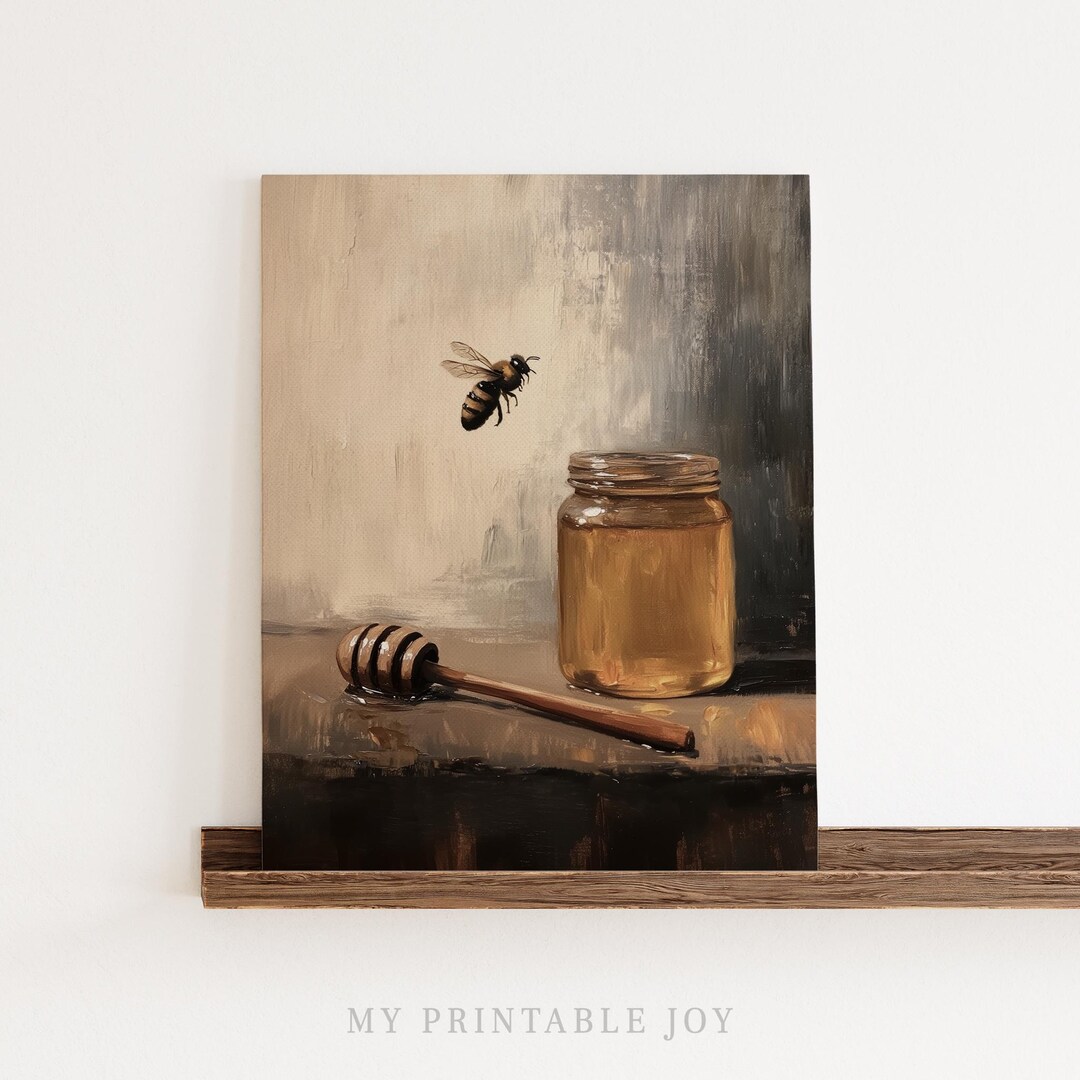 kitchen wall art | bee art print | honey bee decor |... Honey Jar With Bee - Rustic Kitchen Decor Farmhouse Honey Wall Art ...