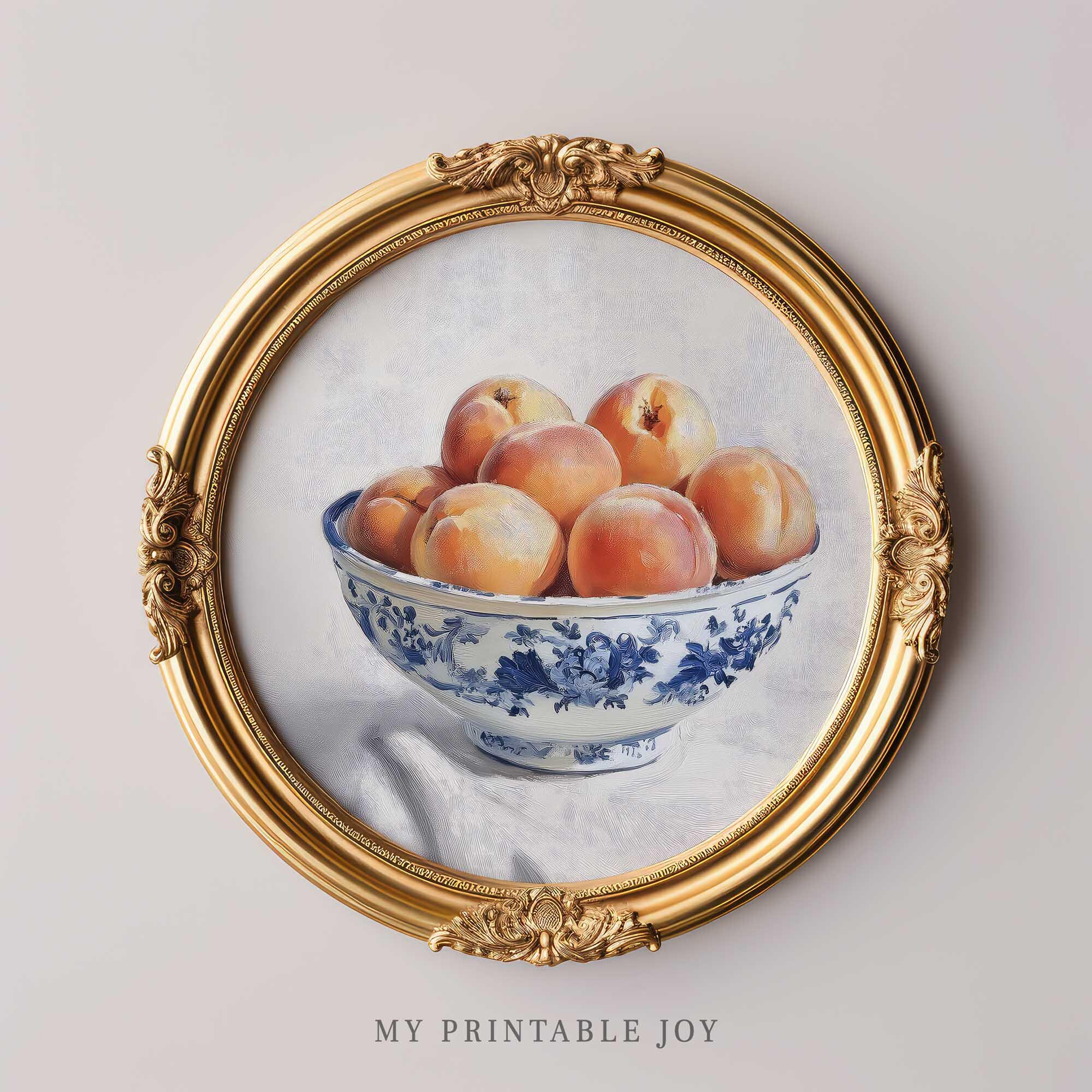 Apricot Wall Art Vintage Fruit Still Life Printable with Blue China Bowl Chinoiserie Kitchen Decor Country Dining Room Farmhouse Style