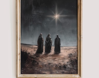 Puede incluir: Una pintura de tres figuras con túnicas oscuras caminando hacia una estrella brillante en el cielo nocturno. Las figuras están silueteados contra el cielo oscuro, y la estrella es el punto focal de la pintura.