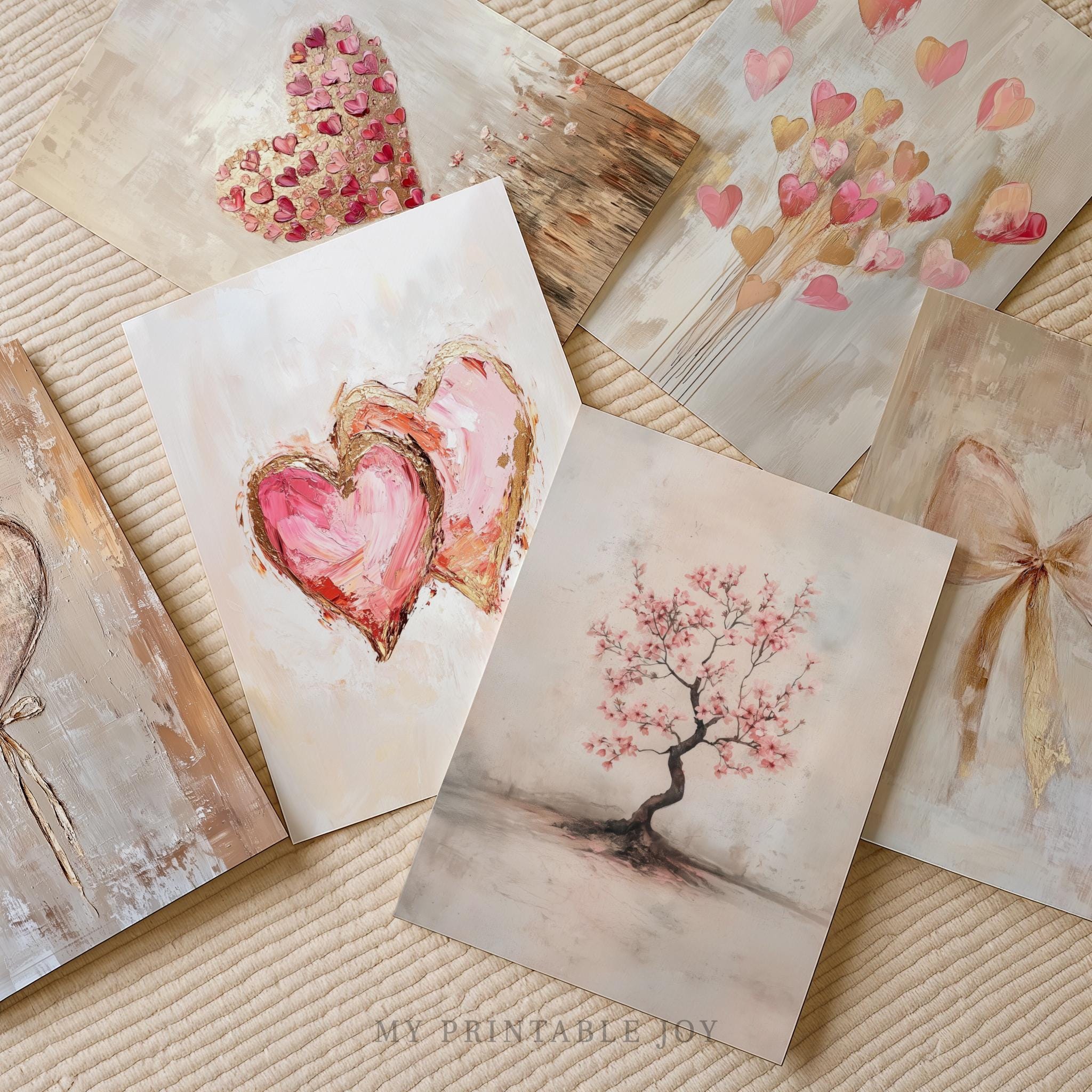 Romantic Valentine Printable Wall Art Set of 6, Beige Gold Heart ...