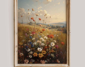 Printable Wildflower Field Print | Spring Meadow Painting | Neutral Landscape Vintage Print | Antique Farmhouse Wall Art | Digital Download