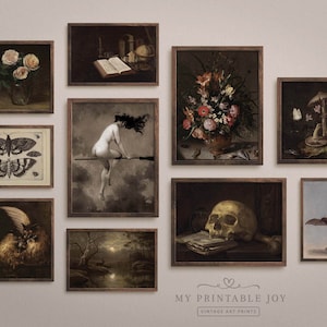 Set of 10 Dark Academia Gallery Wall Set | Vintage Printables | Halloween Wall Art Decor | Florals, Skull, Witch, Moth | Digital Prints