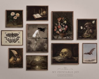 Set of 10 Dark Academia Gallery Wall Set | Vintage Printables | Halloween Wall Art Decor | Florals, Skull, Witch, Moth | Digital Prints