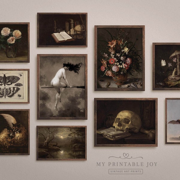 Set of 10 Dark Academia Gallery Wall Set | Vintage Printables | Halloween Wall Art Decor | Florals, Skull, Witch, Moth | Digital Prints