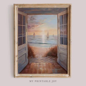 May include: A painting depicting an open door revealing a beach scene with sailboats on the water at sunset. The door is painted in a light blue colour with a wood frame. The beach is sandy with green grass and a path leading to the water. The sky is a mix of pink, orange, and blue.