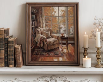 Reading Nook in Autumn Sunlight - Vintage Cozy Wall Art, Cottagecore Library Painting, Warm Fall Printable for Bookish Home Decor 364