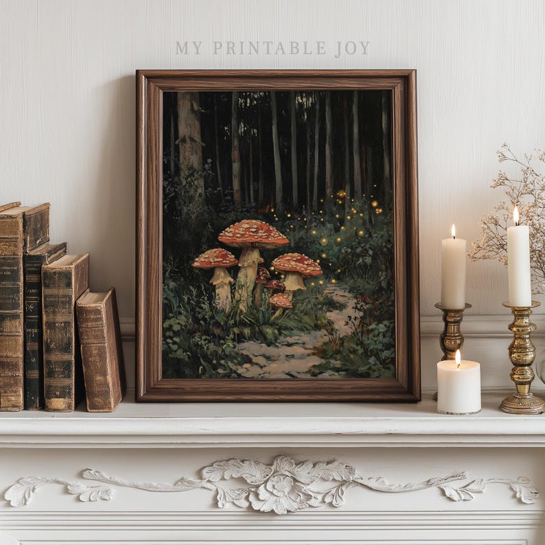 Camino de hongos Bosque encantado - Arte mural de bosque otoñal Pintura de hadas estilo cottagecore Decoración rústica de otoño Bosque espeluznante imprimible 85 imagen 7