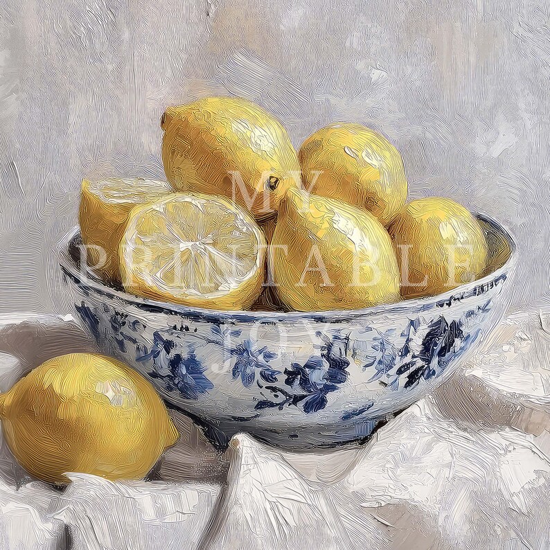 May include: A white ceramic bowl with a blue floral pattern filled with yellow lemons. The bowl is sitting on a white cloth.