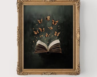 Vintage Book with Butterflies Printable - Gothic Art, Dark Academia Decor, Antique Book Wall Art, Oil Painting Style, Home Decor 289