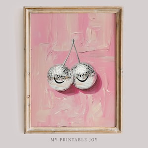 Smiley Cherry Disco Ball Wall Art Print - Retro Pink Coquette Room Decor - Funky Aesthetic Party Art - Fun and Vibrant Wall Print