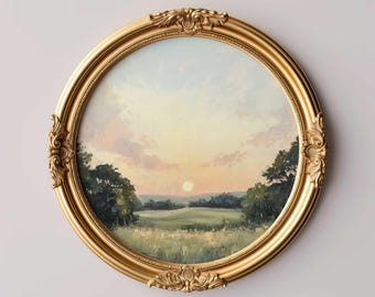 Sunset Meadow Landscape Print Countryside Field Wildflowers Wall Art Rustic Nature Painting Soft Pastel Aesthetic Digital Download