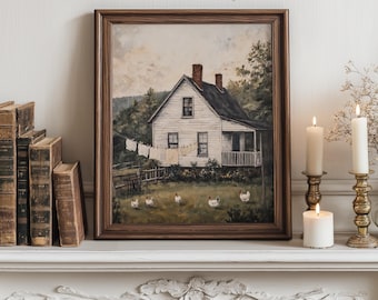 May include: A framed painting depicting a white farmhouse with a black roof, washing line, and chickens in a field. The painting is in a brown wooden frame. The text "MY PRINTABLE JOY" is at the top. The painting is on a white mantelpiece with candles and books.