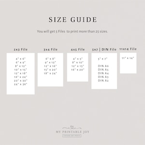 May include: A size guide for printable art prints, showing different file sizes in inches, including 2x3, 3x4, 4x5, 5x7, and 11x14. The guide also includes DIN sizes for A6, A5, A4, A3, and A2.