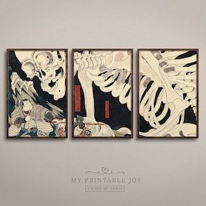 May include: A set of three vintage Japanese woodblock prints depicting a skeleton in black and white. The prints are framed in brown wood frames.
