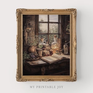 Puede incluir: Una impresión enmarcada que presenta una naturaleza muerta de botellas de boticario, libros y hierbas sobre una mesa de madera cerca de una ventana. La impresión tiene una paleta de colores cálidos con detalles dorados y el texto "MY PRINTABLE JOY" en la parte inferior.