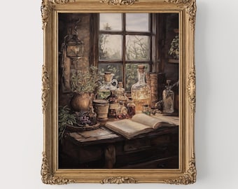 Stół alchemiczny z miksturami i zwojami - Dark Academia Wall Art, Upiorny wystrój czarownic, Vintage Alchemy Study Printable Painting 89