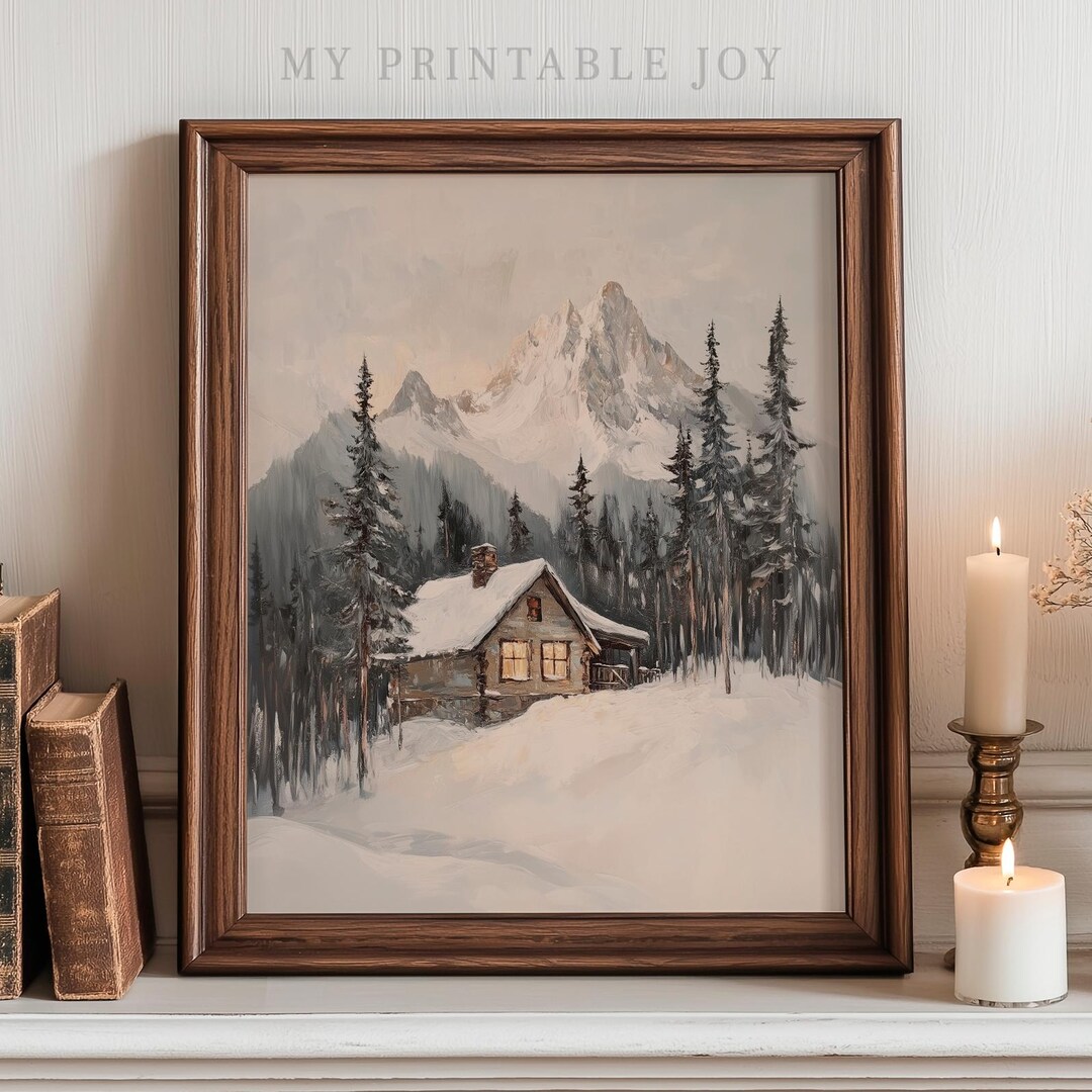 Cozy Winter Cabin Printable Wall Art - Rustic Snowy Mountain Scene ...