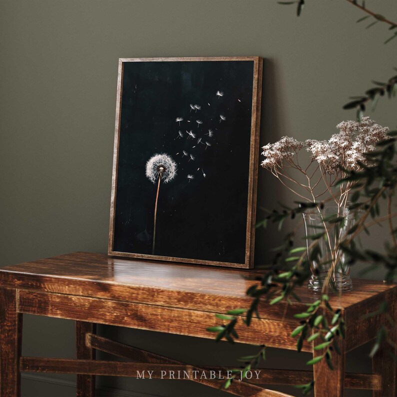 Dandelion Wall Art Botanical Print Black Background Dark Academia Art ...