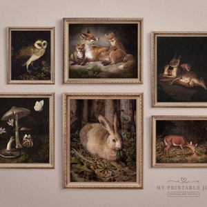 Herbst Wald Print 6er-Set | Dark Academia Vintage Tiere | Stimmungsvolle Wandkunst | Pilz, Eule, Fuchs, Eichhörnchen, Hase, Reh | Digitale Drucke