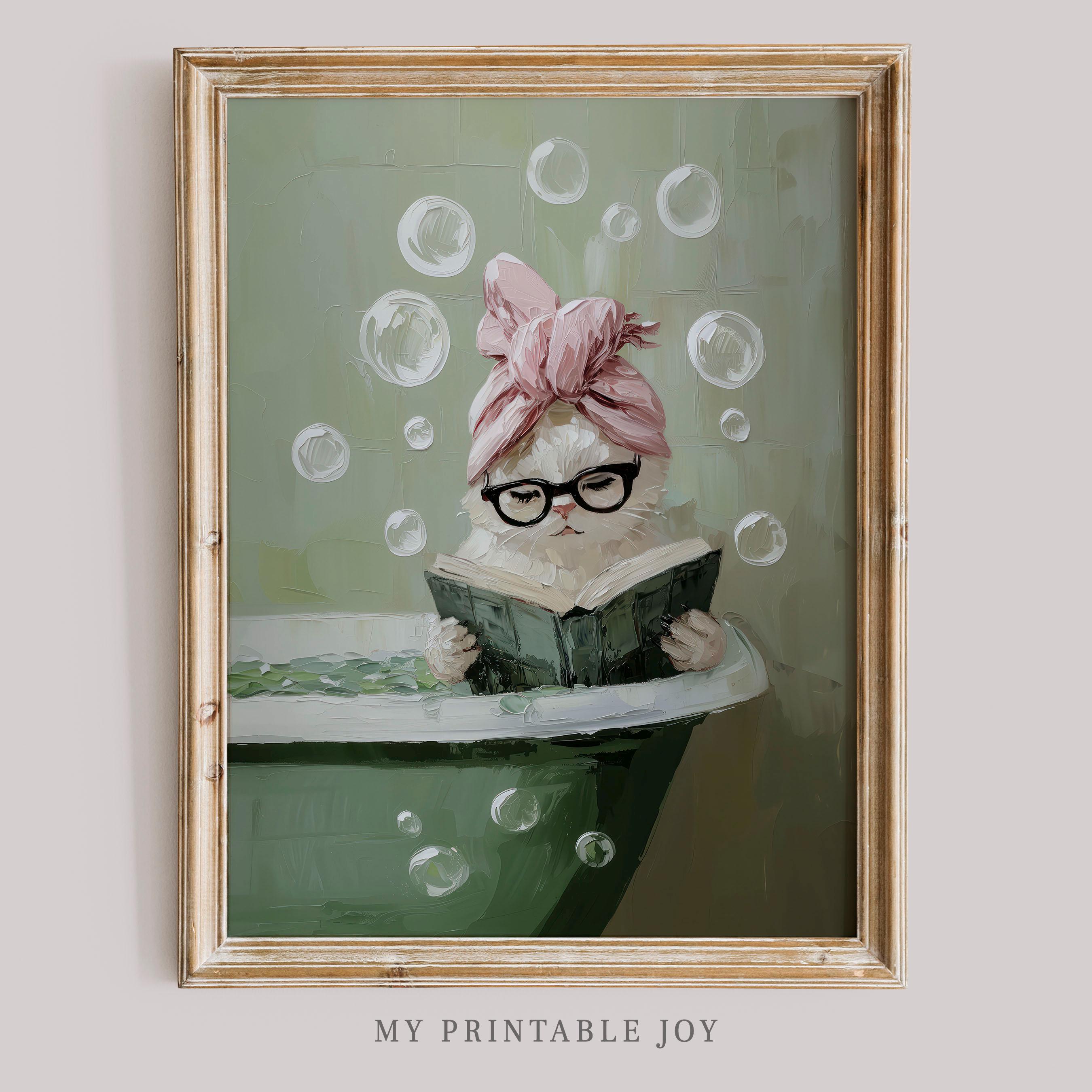 Cat Reading Book in Bathtub Printable Wall Art Funny Spa Cat Whimsical Bathroom Decor Vintage Animal Illustration Digital Download